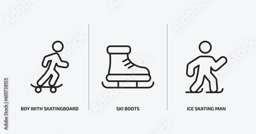 sports outline icons set. sports icons such as boy with skatingboard, ski boots, ice skating man vector. can be used web and mobile.