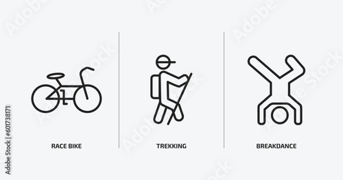sports outline icons set. sports icons such as race bike, trekking, breakdance vector. can be used web and mobile.