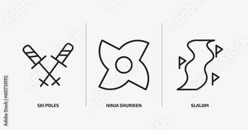 sports outline icons set. sports icons such as ski poles, ninja shuriken, slalom vector. can be used web and mobile.