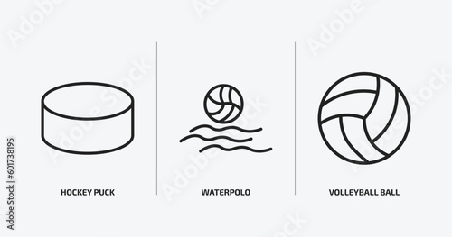 sports outline icons set. sports icons such as hockey puck, waterpolo, volleyball ball vector. can be used web and mobile.