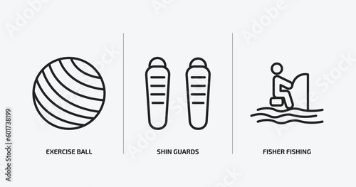 sports outline icons set. sports icons such as exercise ball, shin guards, fisher fishing vector. can be used web and mobile.