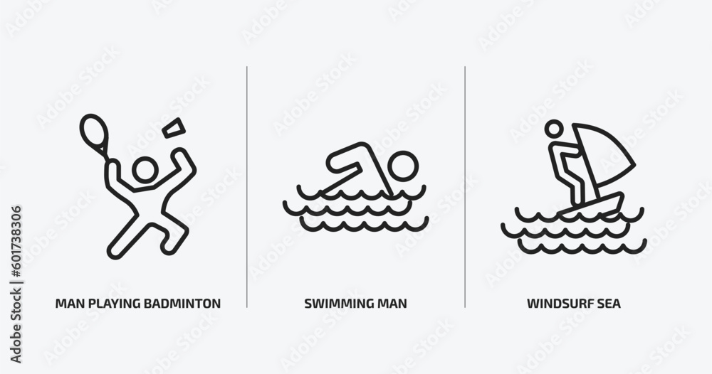 sports outline icons set. sports icons such as man playing badminton, swimming man, windsurf sea vector. can be used web and mobile. sports outline icons set. sports icons such as man playing badminton, swimming man, windsurf sea vector. can be used web and mobile.