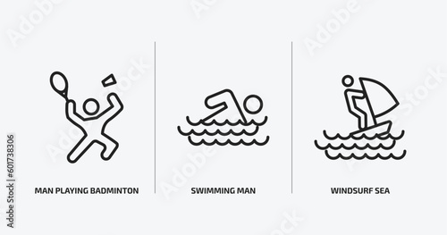 sports outline icons set. sports icons such as man playing badminton, swimming man, windsurf sea vector. can be used web and mobile.