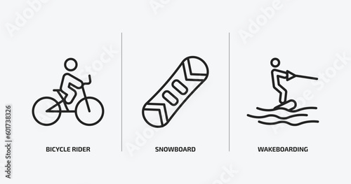 sport outline icons set. sport icons such as bicycle rider, snowboard, wakeboarding vector. can be used web and mobile.