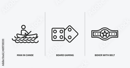 sports outline icons set. sports icons such as man in canoe, board gaming, boxer with belt vector. can be used web and mobile.