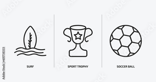 sport outline icons set. sport icons such as surf, sport trophy, soccer ball vector. can be used web and mobile.