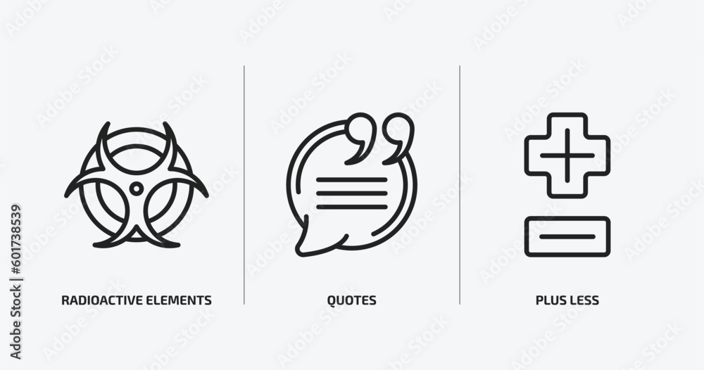 signs outline icons set. signs icons such as radioactive elements, quotes, plus less vector. can be used web and mobile. signs outline icons set. signs icons such as radioactive elements, quotes, plus less vector. can be used web and mobile.