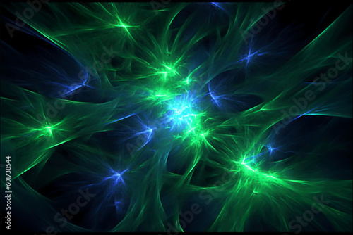Lazer light fractals, royal blue and green. AI generative