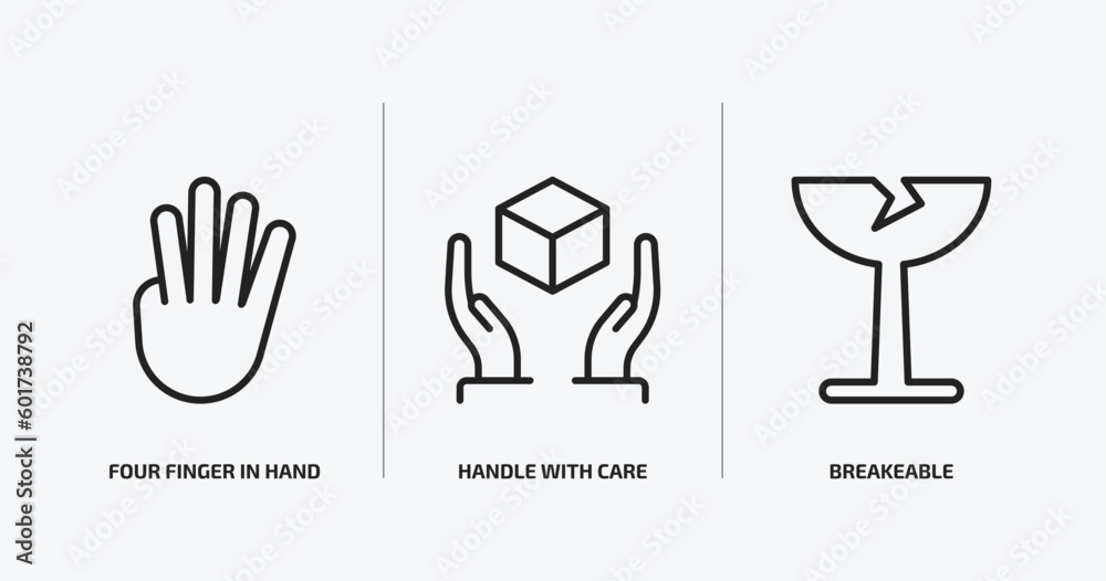 shapes outline icons set. shapes icons such as four finger in hand, handle with care, breakeable vector. can be used web and mobile. shapes outline icons set. shapes icons such as four finger in hand, handle with care, breakeable vector. can be used web and mobile.