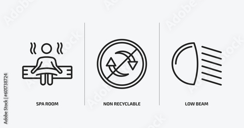 shapes outline icons set. shapes icons such as spa room, non recyclable, low beam vector. can be used web and mobile.