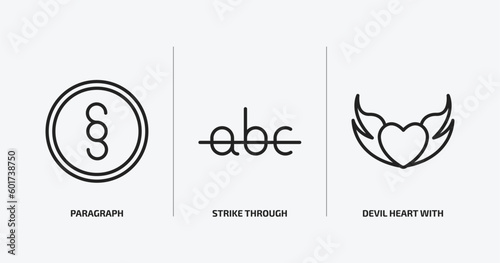 shapes outline icons set. shapes icons such as paragraph, strike through, devil heart with wings vector. can be used web and mobile.
