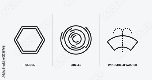 shapes outline icons set. shapes icons such as poligon, circles, windshield washer vector. can be used web and mobile.