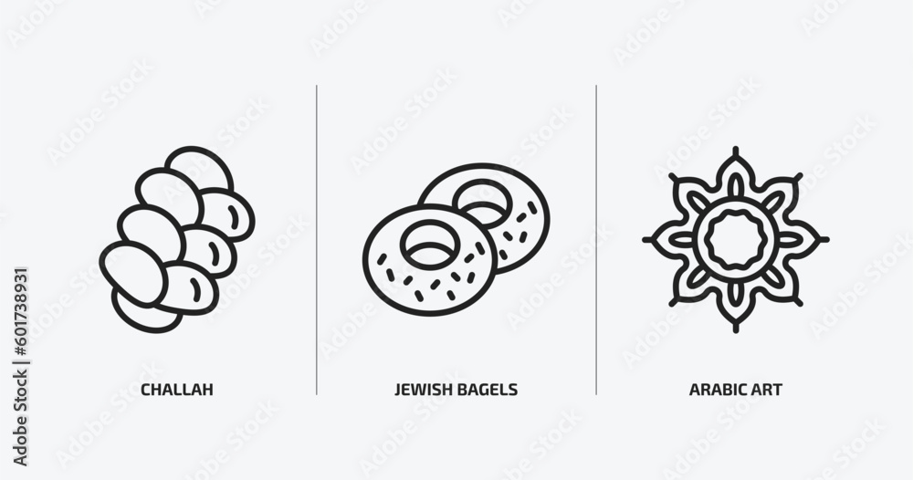 religion outline icons set. religion icons such as challah, jewish bagels, arabic art vector. can be used web and mobile.
