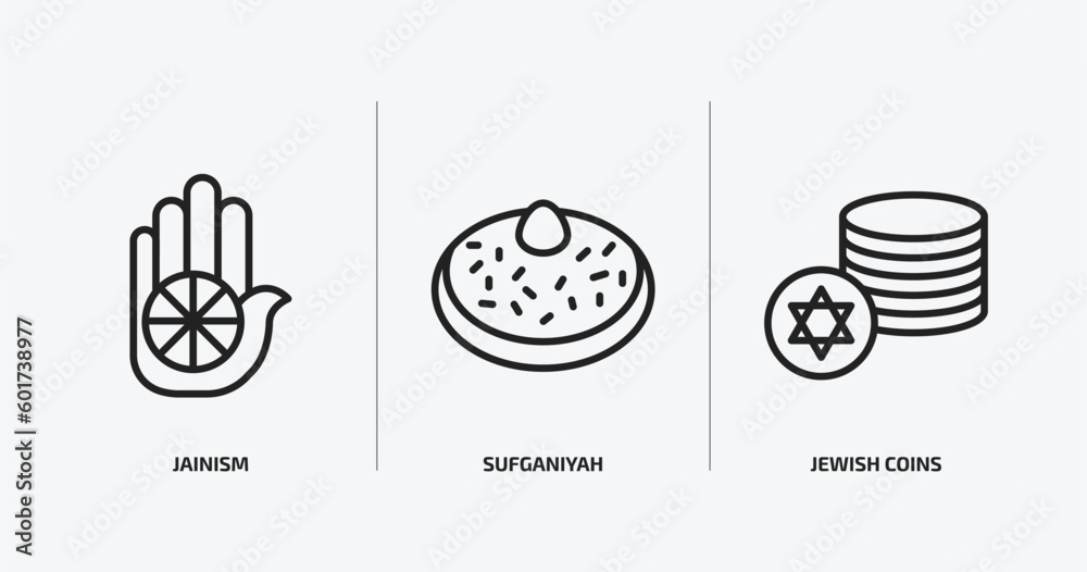 religion outline icons set. religion icons such as jainism, sufganiyah, jewish coins vector. can be used web and mobile. religion outline icons set. religion icons such as jainism, sufganiyah, jewish coins vector. can be used web and mobile.