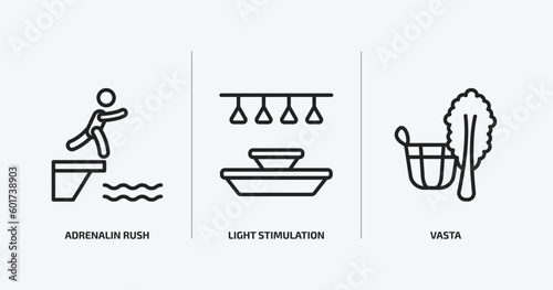 sauna outline icons set. sauna icons such as adrenalin rush, light stimulation, vasta vector. can be used web and mobile.
