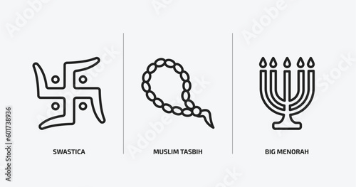 religion outline icons set. religion icons such as swastica, muslim tasbih, big menorah vector. can be used web and mobile.