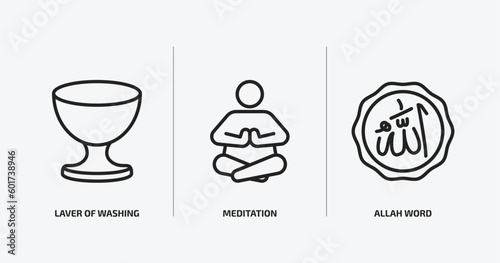 religion outline icons set. religion icons such as laver of washing, meditation, allah word vector. can be used web and mobile.