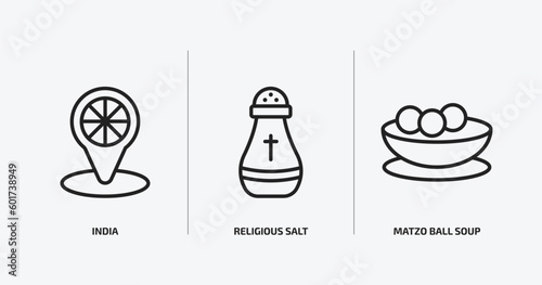religion outline icons set. religion icons such as india, religious salt, matzo ball soup vector. can be used web and mobile.