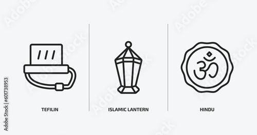 religion outline icons set. religion icons such as tefilin, islamic lantern, hindu vector. can be used web and mobile.