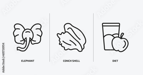 religion outline icons set. religion icons such as elephant, conch shell, diet vector. can be used web and mobile.