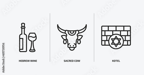 religion outline icons set. religion icons such as hebrew wine, sacred cow, kotel vector. can be used web and mobile.