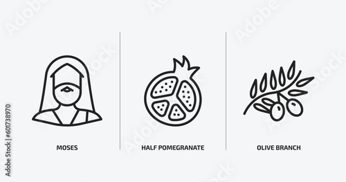 religion outline icons set. religion icons such as moses, half pomegranate, olive branch vector. can be used web and mobile.