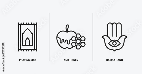 religion outline icons set. religion icons such as praying mat, and honey, hamsa hand vector. can be used web and mobile.