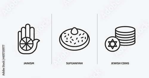 religion outline icons set. religion icons such as jainism, sufganiyah, jewish coins vector. can be used web and mobile.