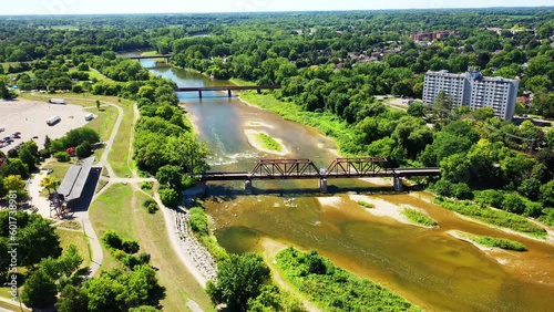 Aerial of the Grand River bridges in Brantford, Ontario, Canada 4K photo