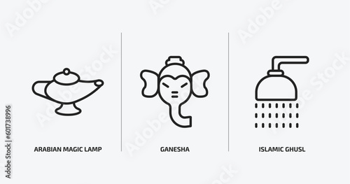 religion outline icons set. religion icons such as arabian magic lamp, ganesha, islamic ghusl vector. can be used web and mobile.