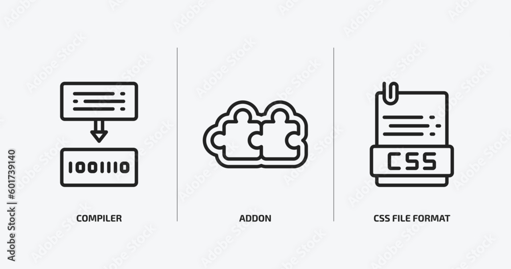 programming outline icons set. programming icons such as compiler, addon, css file format vector. can be used web and mobile. programming outline icons set. programming icons such as compiler, addon, css file format vector. can be used web and mobile.