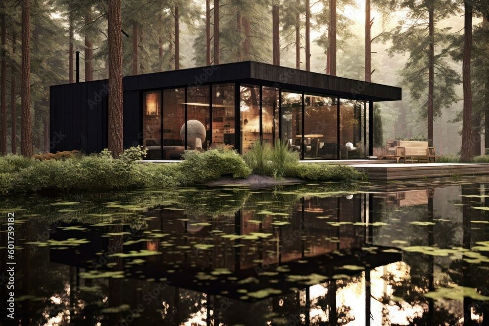 Obraz premium Conceptual modern glasshouse home exterior design. Contemporary glass house concept. Generative AI illustration.