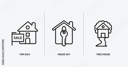 real estate outline icons set. real estate icons such as for sale, house key, tree house vector. can be used web and mobile.