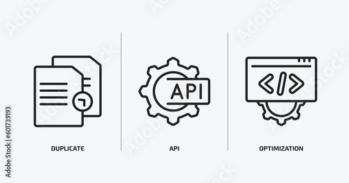 programming outline icons set. programming icons such as duplicate, api, optimization vector. can be used web and mobile.
