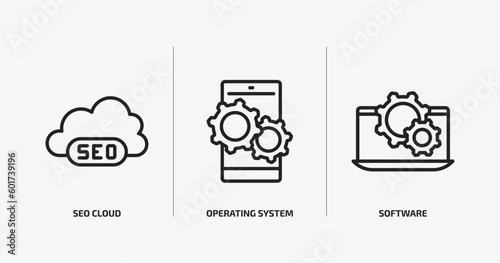 programming outline icons set. programming icons such as seo cloud, operating system, software vector. can be used web and mobile.