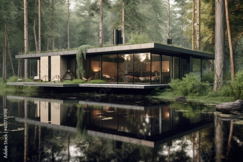Conceptual modern glasshouse home exterior design. Contemporary glass house concept. Generative AI illustration.