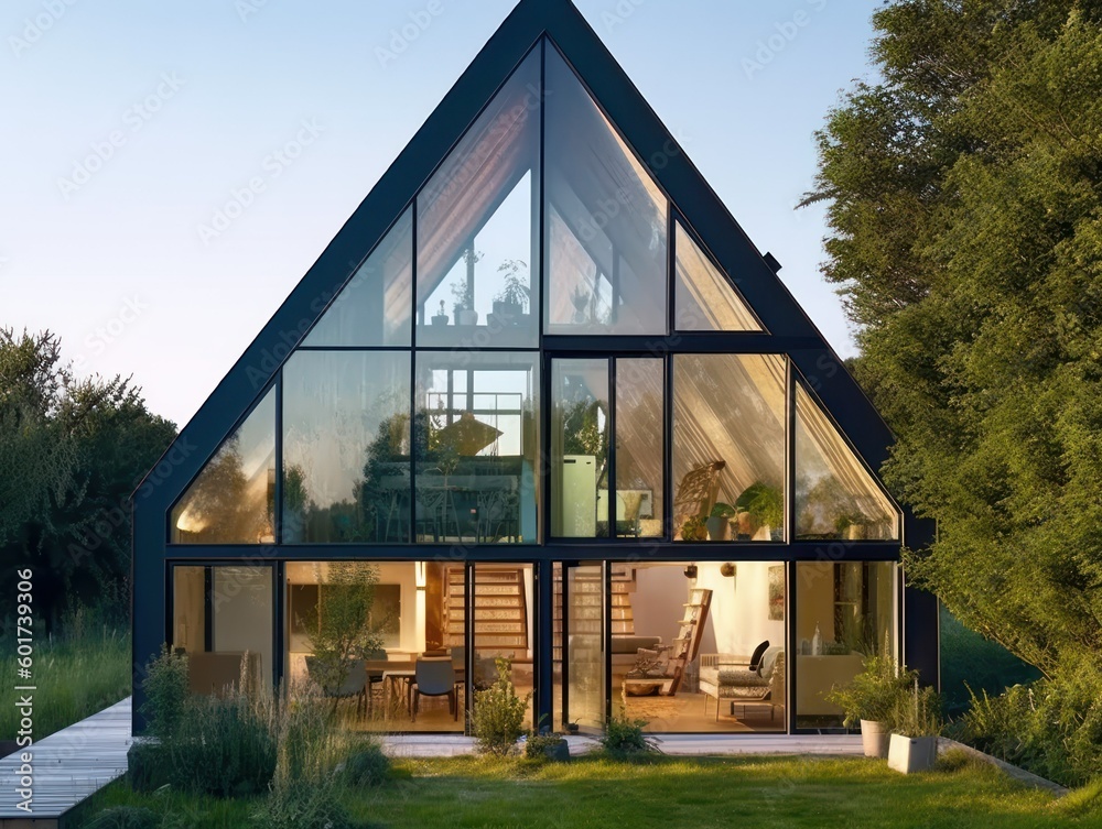 Fototapeta premium Conceptual modern glasshouse home exterior design. Contemporary glass house concept. Generative AI illustration.