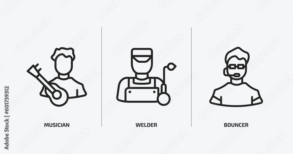 professions & jobs outline icons set. professions & jobs icons such as musician, welder, bouncer vector. can be used web and mobile.