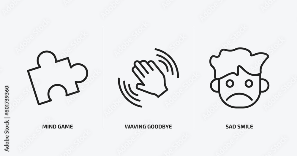 people outline icons set. people icons such as mind game, waving goodbye, sad smile vector. can be used web and mobile. people outline icons set. people icons such as mind game, waving goodbye, sad smile vector. can be used web and mobile.