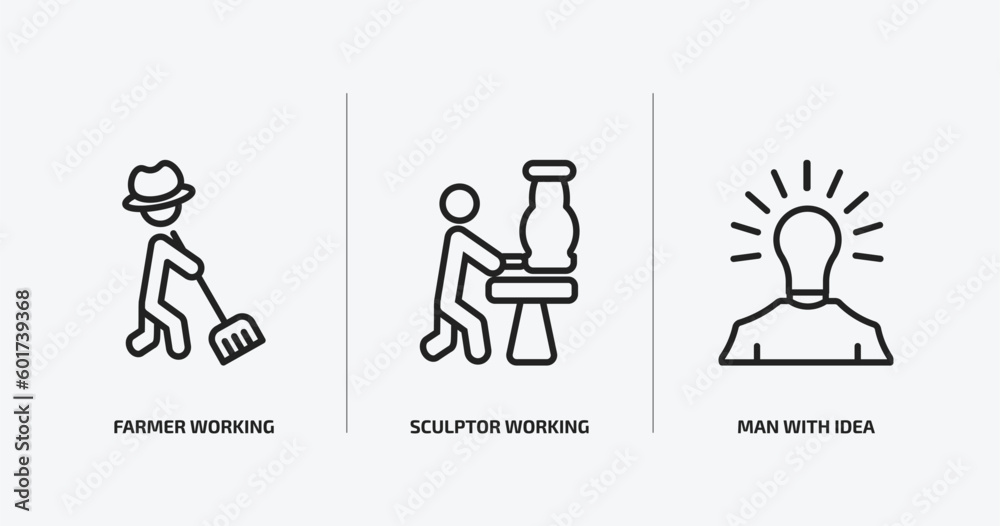 people outline icons set. people icons such as farmer working, sculptor working, man with idea vector. can be used web and mobile.