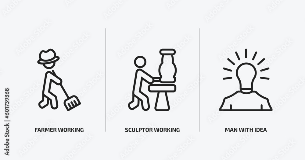 people outline icons set. people icons such as farmer working, sculptor working, man with idea vector. can be used web and mobile. people outline icons set. people icons such as farmer working, sculptor working, man with idea vector. can be used web and mobile.