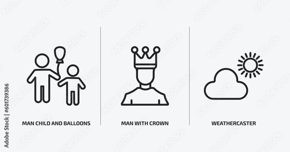 people outline icons set. people icons such as man child and balloons, man with crown, weathercaster vector. can be used web and mobile. people outline icons set. people icons such as man child and balloons, man with crown, weathercaster vector. can be used web and mobile.