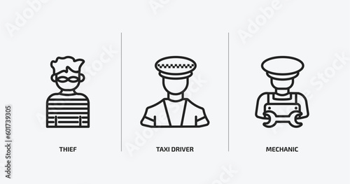 professions outline icons set. professions icons such as thief, taxi driver, mechanic vector. can be used web and mobile.