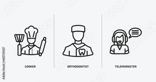 professions outline icons set. professions icons such as cooker, orthodontist, telemarketer vector. can be used web and mobile.
