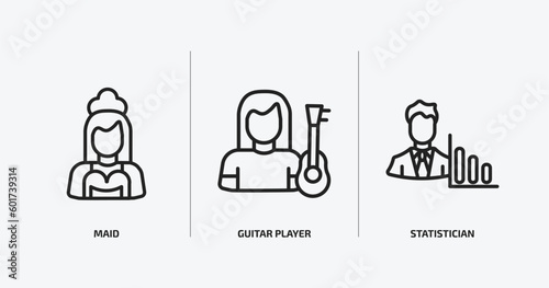 professions outline icons set. professions icons such as maid, guitar player, statistician vector. can be used web and mobile.