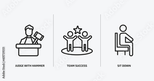 people outline icons set. people icons such as judge with hammer, team success, sit down vector. can be used web and mobile.