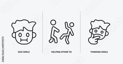 people outline icons set. people icons such as sick smile  helping other to jump  thinking smile vector. can be used web and mobile.