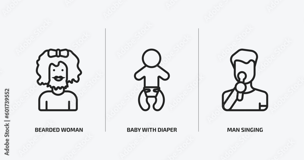 people outline icons set. people icons such as bearded woman, baby with diaper, man singing vector. can be used web and mobile. people outline icons set. people icons such as bearded woman, baby with diaper, man singing vector. can be used web and mobile.
