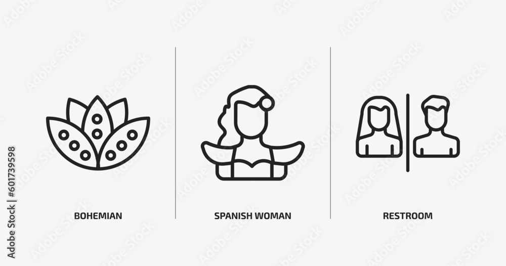 people outline icons set. people icons such as bohemian, spanish woman, restroom vector. can be used web and mobile. people outline icons set. people icons such as bohemian, spanish woman, restroom vector. can be used web and mobile.