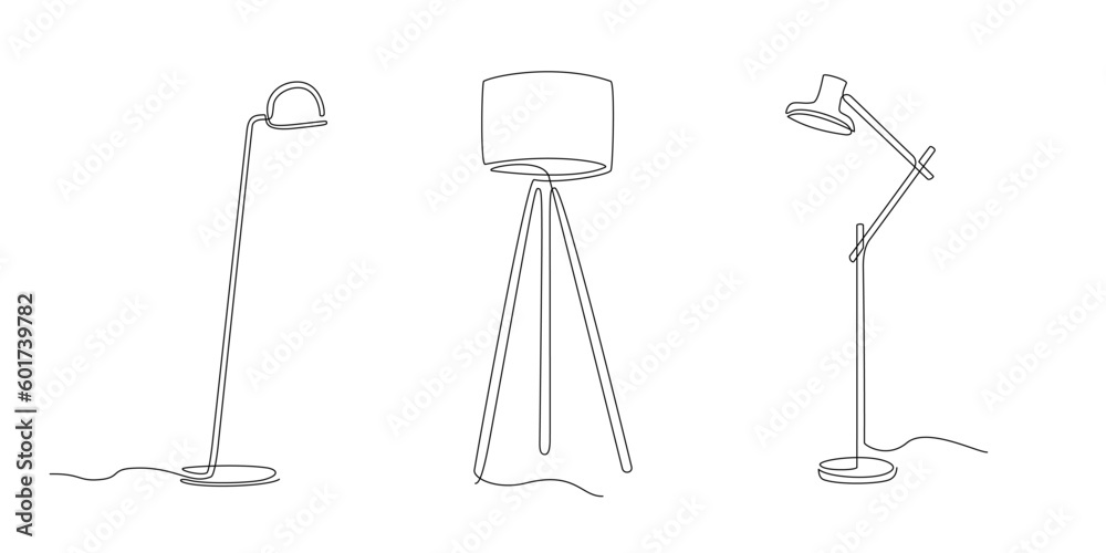 Obraz premium Set of Continuous line room floor lamps. One line drawing of object of home furniture for interior design illustration. Line art object. Lampshade in linear style. Single line Minimalist design